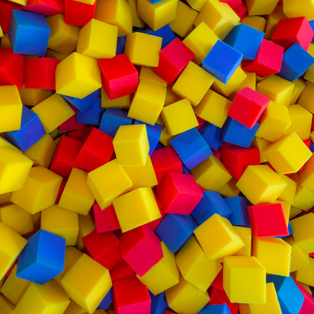 Colored foam rubber cubes background.の写真素材