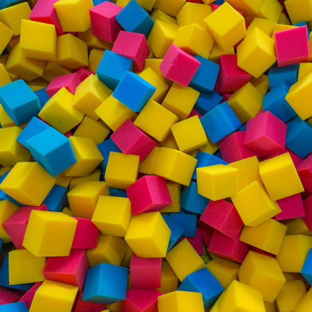Colored foam rubber cubes background.の写真素材