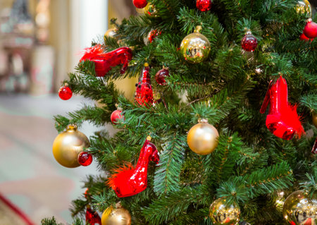 Christmas decorations on the branches of fir tree.の写真素材