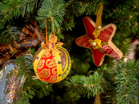 Christmas decorations on the branches of fir tree.の写真素材