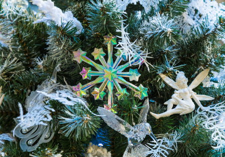 Christmas decorations on the branches of fir tree.