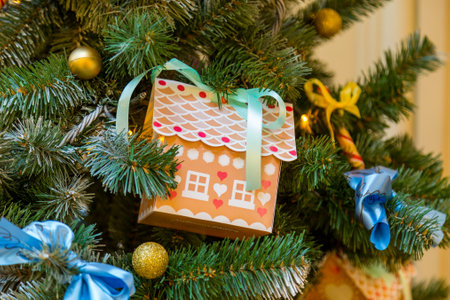 Christmas decorations on the branches of fir tree.