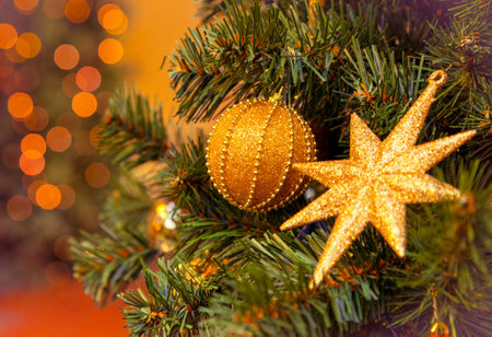 Christmas decorations on the branches of fir tree.