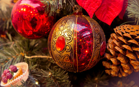 Christmas decorations on the branches of fir tree.