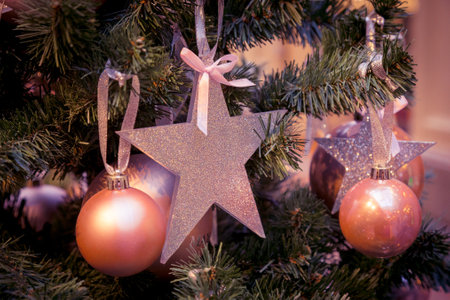 Christmas decorations on the branches of fir tree