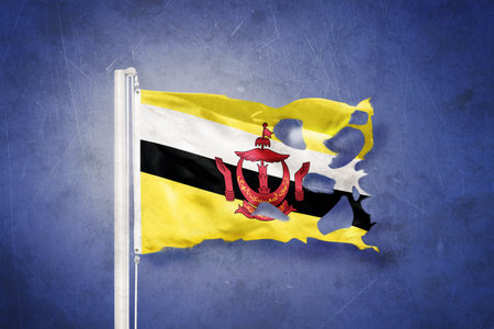 Torn flag of Brunei flying against grunge backgroundの写真素材