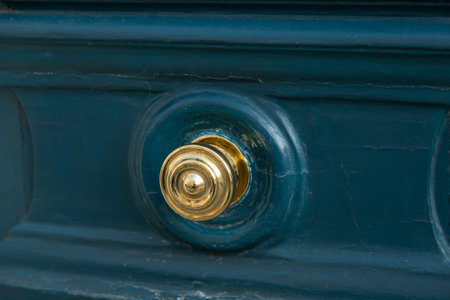 Entrance green door with metal knobの写真素材