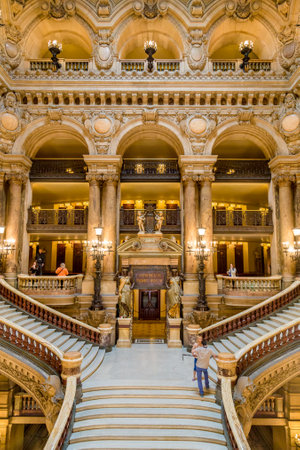 Paris, France, March 31 2017: Interior view of the Opera National de Paris Garnier, France. It was built from 1861 to 1875 for the Paris Opera houseのeditorial素材
