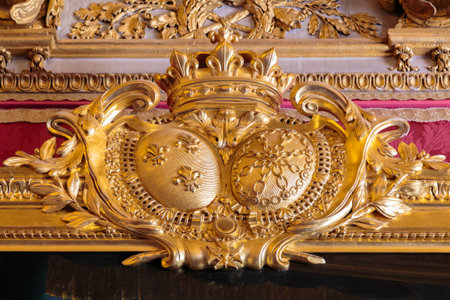 Paris, France, March 28 2017: Golden ceiling Royal Chateau at the Palace of Versailles near Parisのeditorial素材
