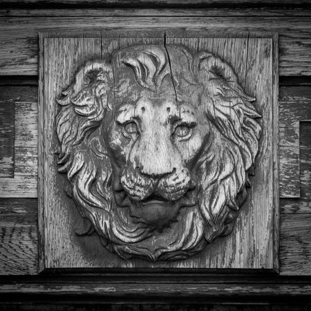 Lion head relief on the facadeの写真素材