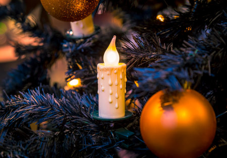 Christmas decorations on the branches of fir treeの写真素材
