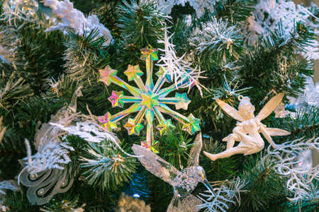Christmas decorations on the branches of fir tree