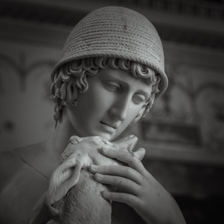 Head and shoulders detail of the ancient sculpture