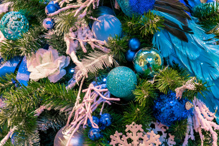 Christmas ornament ball for Xmas New Year festival decorate on pine tree backgroundの写真素材