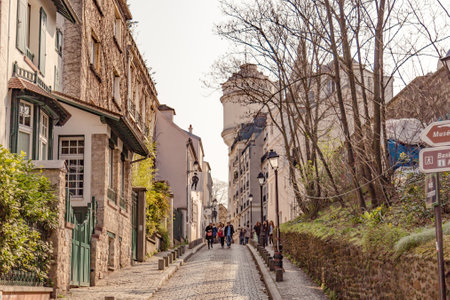 Paris, France, March 31 2017: Typical view of the Parisian street. Architecture and landmark of Parisのeditorial素材