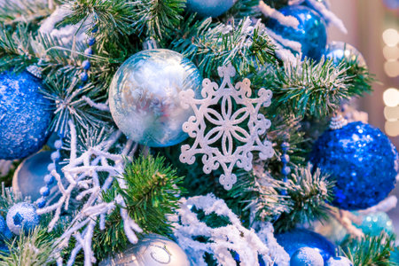 Christmas ornament ball for Xmas New Year festival decorate on pine tree backgroundの写真素材