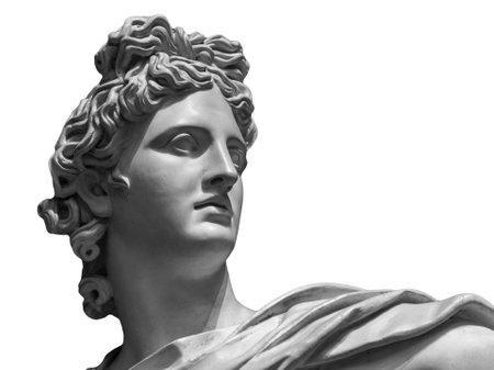 Portrait of a plaster statue of Apollo isolated on whiteの写真素材