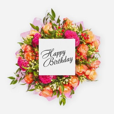 Happy Birthday card with flowers flat layの写真素材