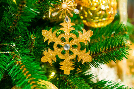 Christmas decorations on the branches of fir tree