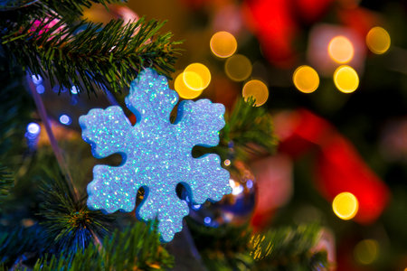 Christmas decorations on the branches of fir treeの写真素材