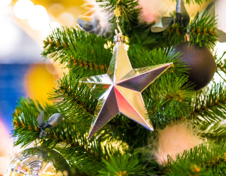 Christmas decorations on the branches of fir tree