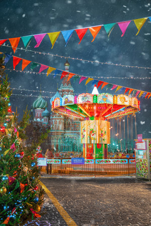 Moscow, Russia - December 5, 2017: Christmas tree and carousel Trade House GUM on Red Square in Moscow, Russiaのeditorial素材
