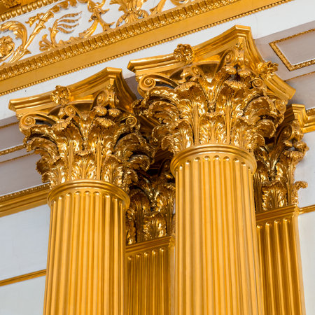 Close-up shot of a line of Greek-style columnsの写真素材