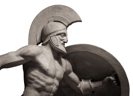 Head in helmet Greek ancient sculpture of warrior. Isolated on white backgroundの写真素材