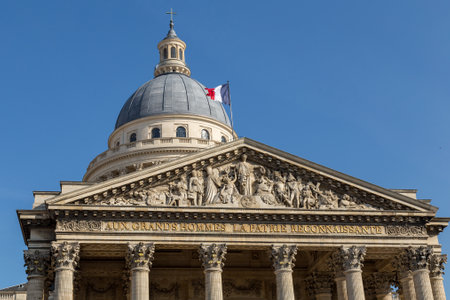 Top of the facade of the pantheon in Parisの写真素材