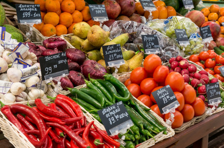 Moscow, Russia - March 12, 2018: Fresh vegetables and fruits ready for sale in supermarket Lenta. One of largest retailer in Russiaのeditorial素材
