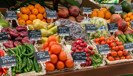 Moscow, Russia - March 12, 2018: Fresh vegetables and fruits ready for sale in supermarket Lenta. One of largest retailer in Russiaのeditorial素材