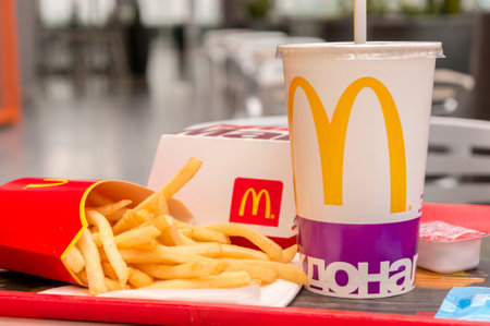 Moscow, Russia, March 15 2018: McDonalds Big Mac hamburger menu, French Fries and Coca Cola