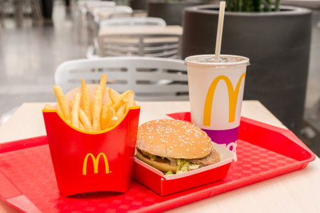 Moscow, Russia, March 15 2018: McDonalds Big Mac hamburger menu, French Fries and Coca Colaのeditorial素材
