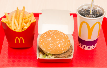 Moscow, Russia, March 15 2018: McDonalds Big Mac hamburger menu, French Fries and Coca Cola