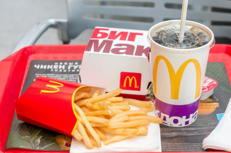 Moscow, Russia, March 15 2018: McDonalds Big Mac hamburger menu, French Fries and Coca Colaのeditorial素材