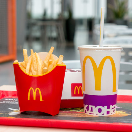 Moscow, Russia, March 15 2018: McDonalds Big Mac hamburger menu, French Fries and Coca Colaのeditorial素材