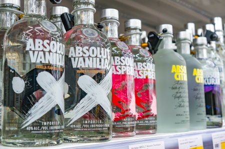 Moscow, Russia - March 12, 2018: Absolut vodka. The famous vodka brand. Alcohol product in a Shopのeditorial素材