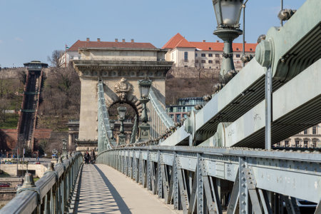 Chain bridge on danube river in budapest city hungaryのeditorial素材
