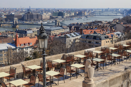View of cafe in Fishermans Bastion in Budapestの写真素材