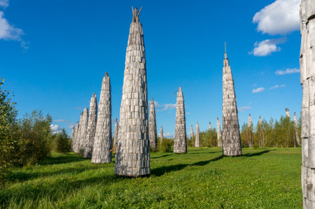 Nikola-Lenivec, Russia - September 16, 2017: Wooden sculptures in the Art Park Nikola Lenivets...