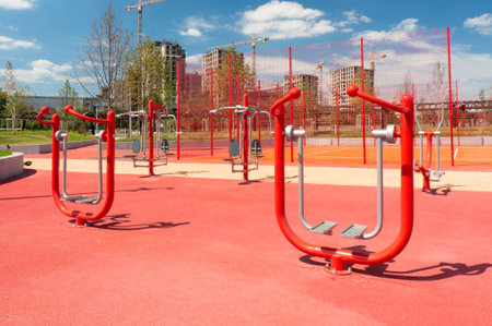 Health training simulators equipment on playground. Area with coating of rubber crumbsの写真素材