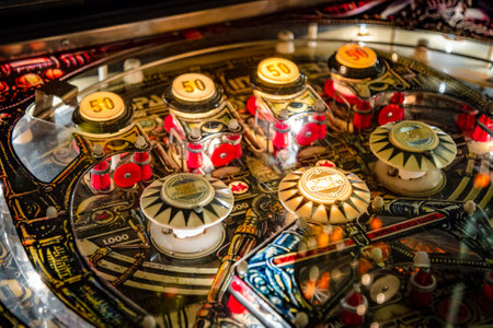 Budapest, Hungary - March 25, 2018: Pinball museum. Pinball table close up view of vintage machine.