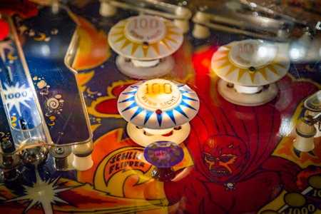 Budapest, Hungary - March 25, 2018: Pinball museum. Pinball table close up view of vintage machine.のeditorial素材
