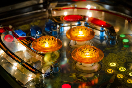 Budapest, Hungary - March 25, 2018: Pinball museum. Pinball table close up view of vintage machine.のeditorial素材