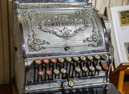Budapest, Hungary - March 25, 2018: Antique cash register, buttons close up in chocolate museum.のeditorial素材