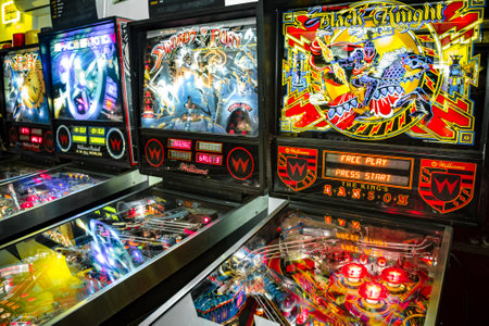 Budapest, Hungary - March 25, 2018: Pinball museum. Pinball table close up view of vintage machine.