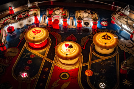Budapest, Hungary - March 25, 2018: Pinball museum. Pinball table close up view of vintage machine.のeditorial素材