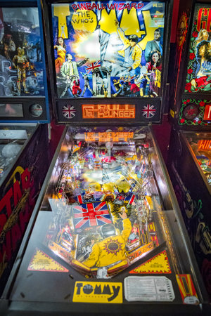 Budapest, Hungary - March 25, 2018: Pinball museum. Pinball table close up view of vintage machine.のeditorial素材