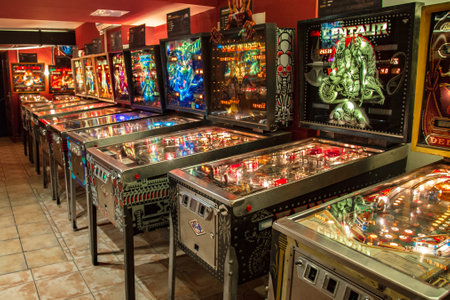 Budapest, Hungary - March 25, 2018: Pinball museum. Pinball table close up view of vintage machine
