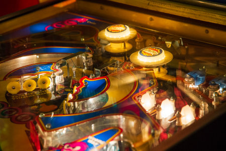 Budapest, Hungary - March 25, 2018: Pinball museum. Pinball table close up view of vintage machine